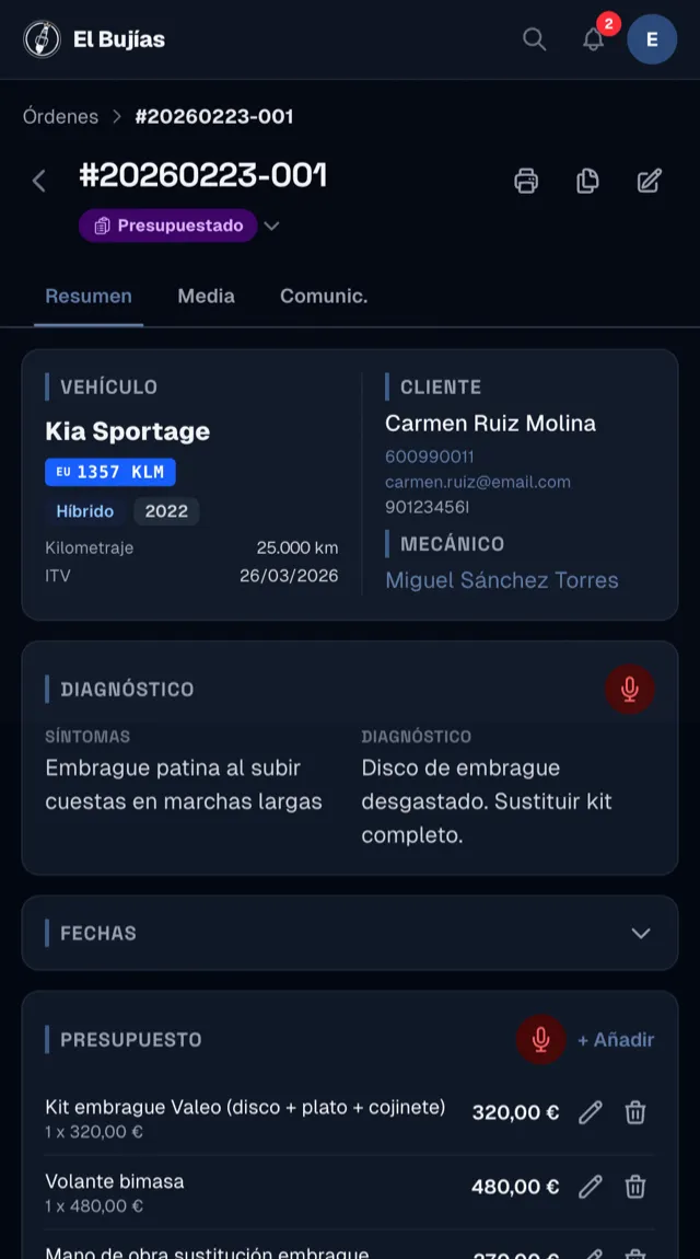 La ficha de la orden con el diagnóstico y el presupuesto, en el móvil del mecánico