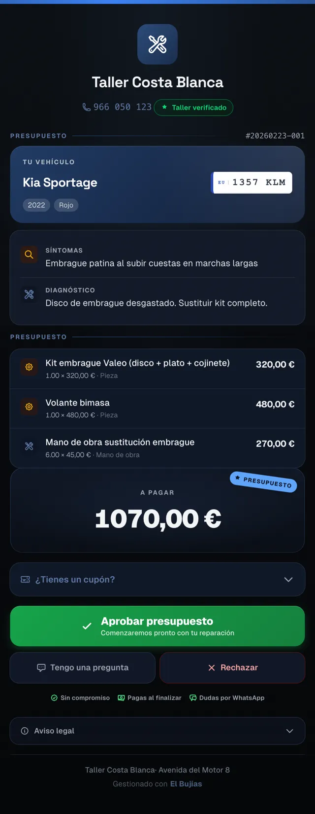 El presupuesto que el cliente aprueba desde su móvil
